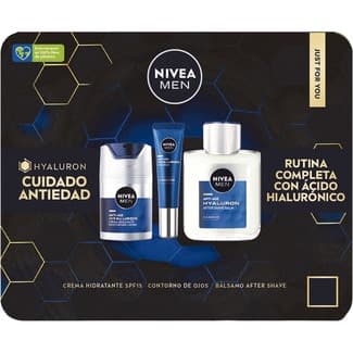 Estuche Hyaluron Cuidado Antiedad con crema hidratante, contorno de ojos y bálsamo after shave -