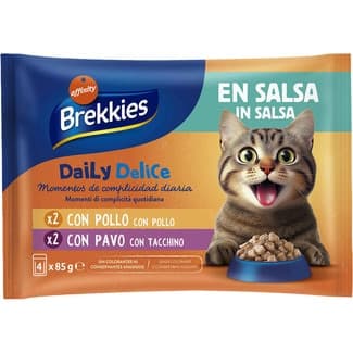 Comida húmeda para gatos adultos Daily Delice pollo y pavo en salsa x 4 envase 85 g -
