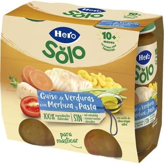 Tarritos de guiso de verduras con merluza y pasta para masticar desde 10 meses pack 2 envases 235 g -