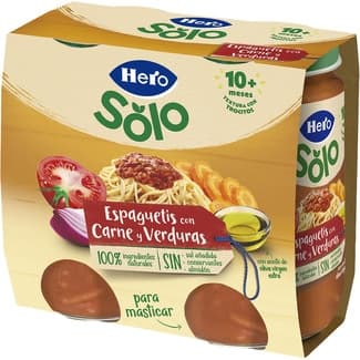 Tarritos de espagueti con carne y verduras para masticar desde 10 meses pack 2 envases 235 g -