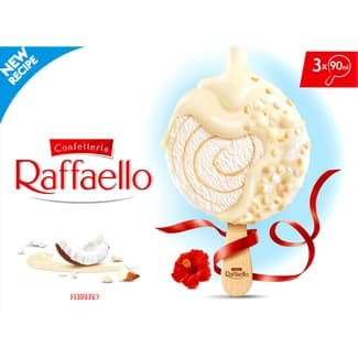 Raffaello bombón helado recubierto de coco y trozos de avellana 3 unidades estuche 270 ml -