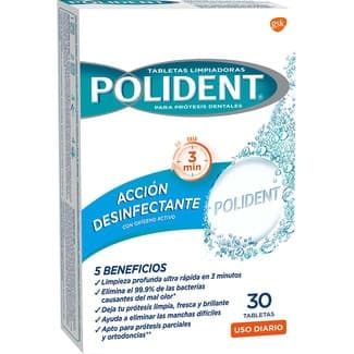 Tabletas limpiadoras para prótesis dentales acción desinfectante con oxígeno activo caja 30 unidades uso diario -