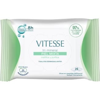 Toallitas desmaquillantes tri-mineral matifica y purifica con complejo vitamínico A, E y C bolsa 25 unidades para piel mixta y maquillaje waterproof -