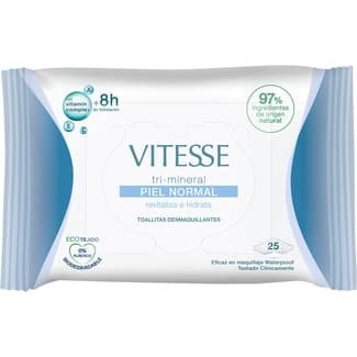 Toallitas desmaquillantes tri-mineral revitaliza e hidrata con complejo vitamínico A, E, C bolsa 25 unidades para piel normal -