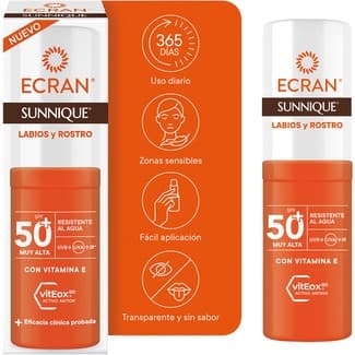 Sunnique protector facial solar labios y rostro vitEox 80 SPF-50+ stick 5 g transparente y sin sabor resistente al agua -