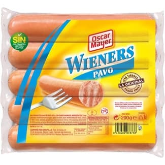 Wieners salchichas cocidas de pavo con sabor ahumado sin gluten sin lactosa 5 piezas envase 200 g -