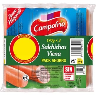 Salchichas Viena cocidas de cerdo, pollo y pavo con sabor ahumado pack 3 x 170 g envase 510 g sin gluten sin lactosa -