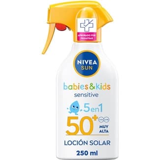 Sensitsive Babies & Kids 5 en 1 loción solar SPF-50+ a partir de 6 meses spray 250 ml para la piel sensible de los bebés muy resistente al agua -