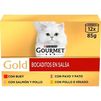 Gold Bocaditos En Salsa comida húmeda para gatos surtido de carnes y pescados 12 latas 85 g -