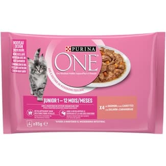Junior comida húmeda para gatos cachorros con salmón y zanahorias 4 sobres 85 g -