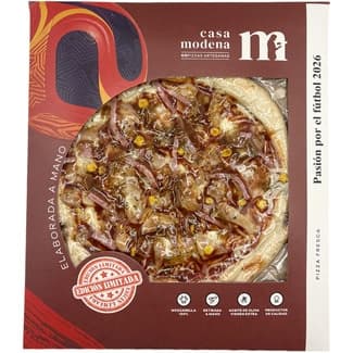 Ed. Limitada pizza de pollo especiado tipo kebab,bacon,maiz,cebolla caramelizada y salsa barbacoa envase 450 g -